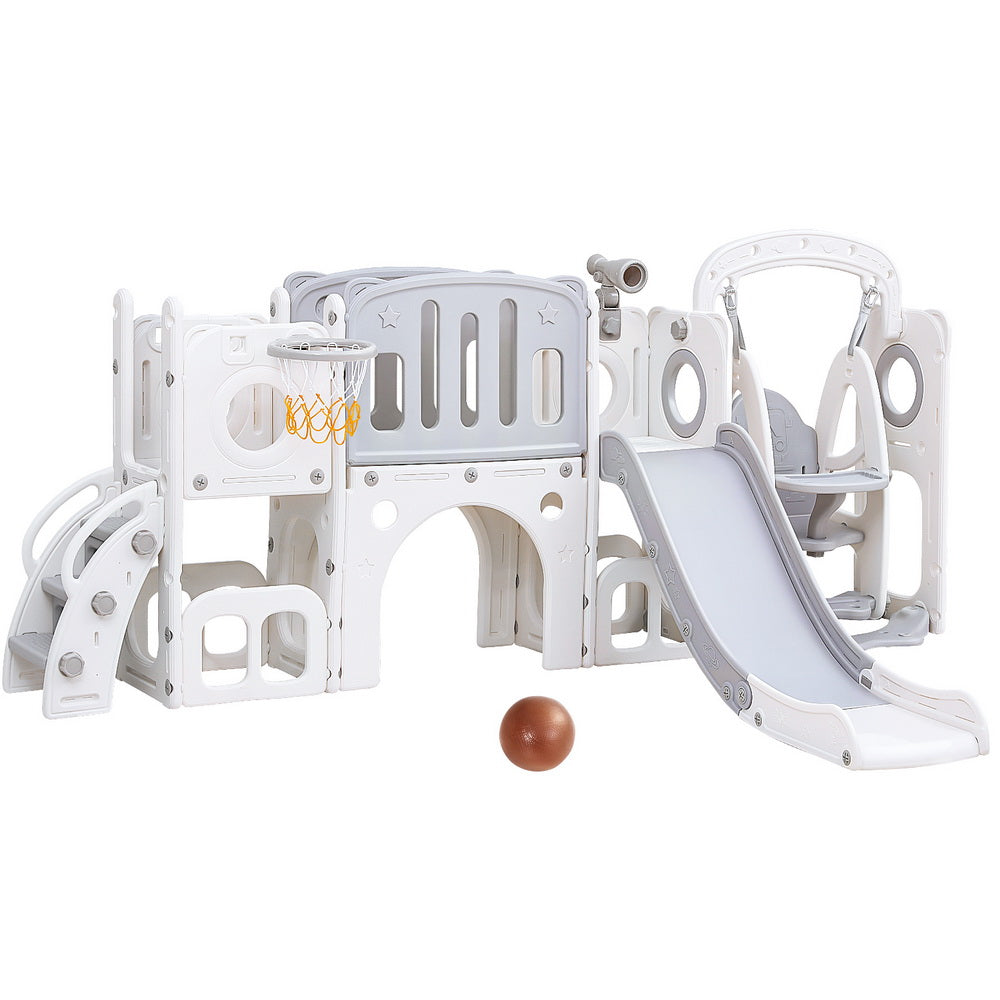 4 in 1 Slide and Swing Play Centre with Basketball Hoop, Grey and White