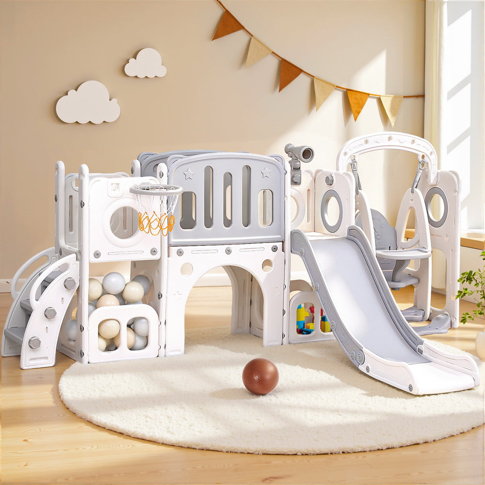 4 in 1 Slide and Swing Play Centre with Basketball Hoop, Grey and White