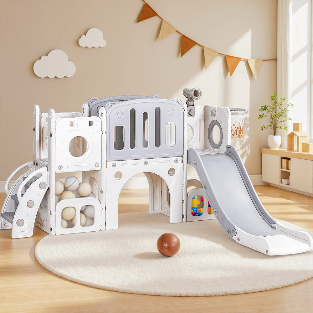 3 in 1 Slide and Play Centre with Basketball Hoop, Grey and White