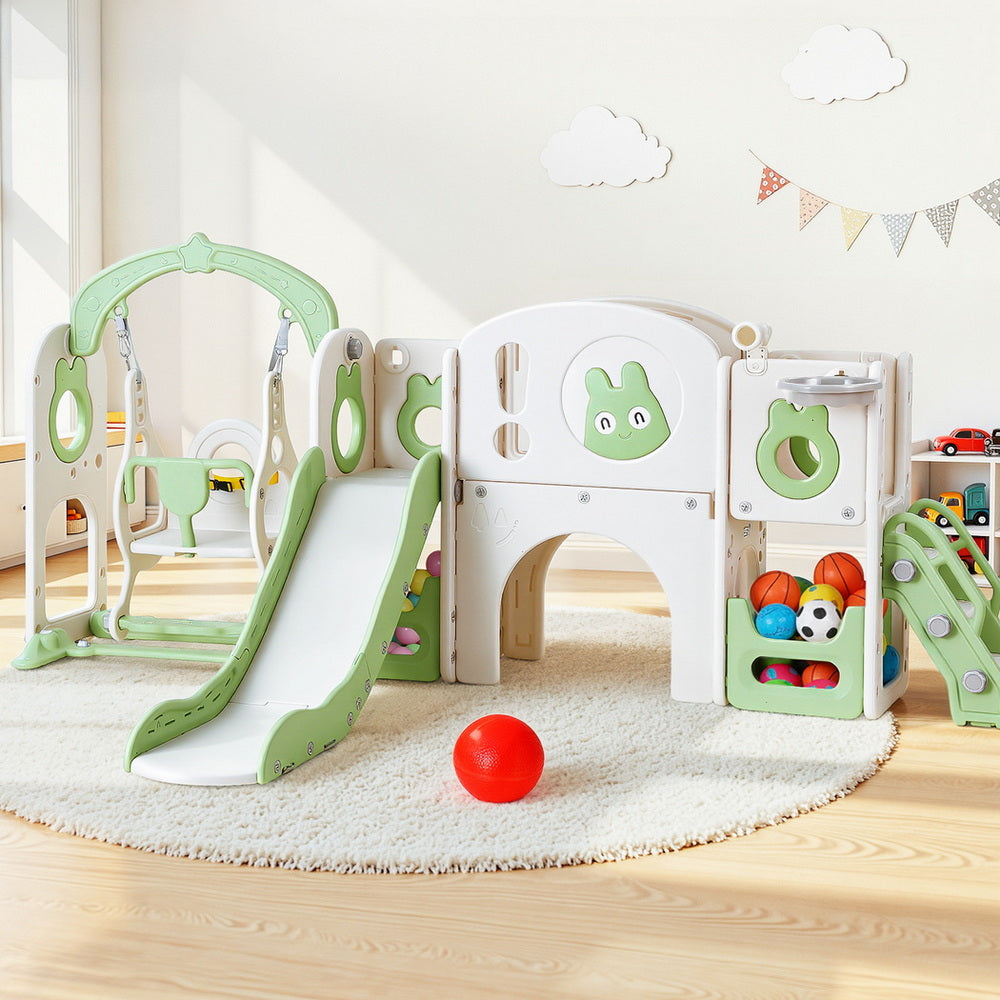 4 in 1 Slide and Swing Play Centre with Basketball Hoop, Green
