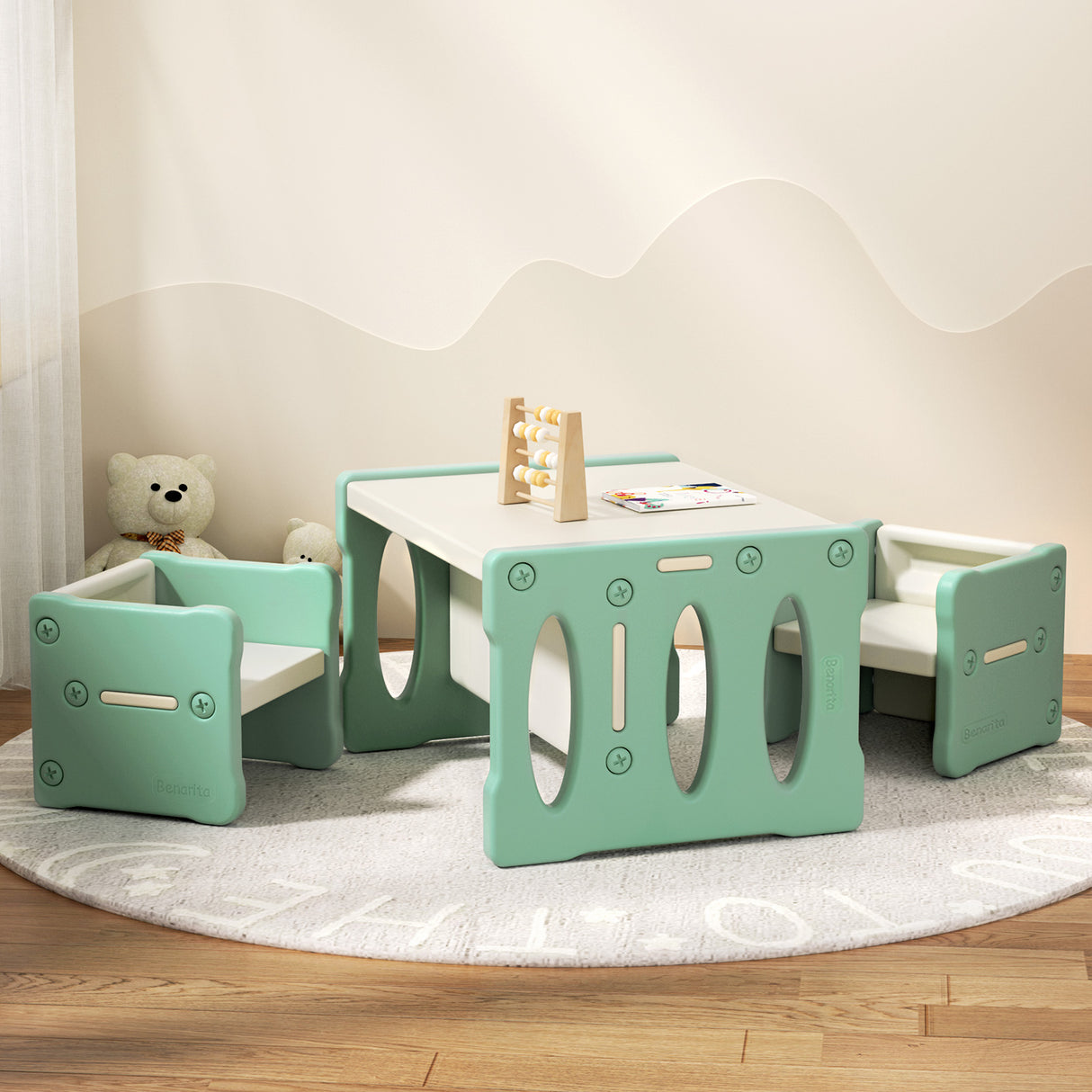 Kids multipurpose table and two chairs set in green