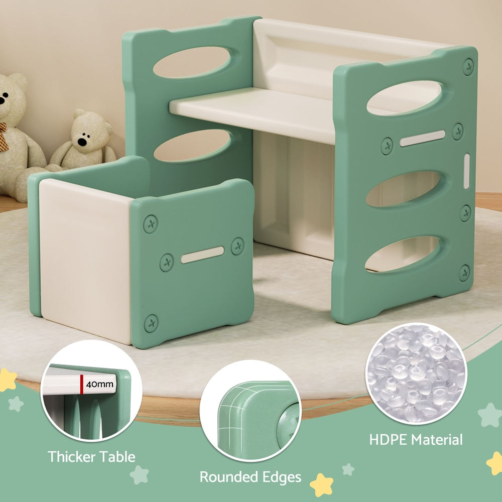 Kids multipurpose table and two chairs set in green