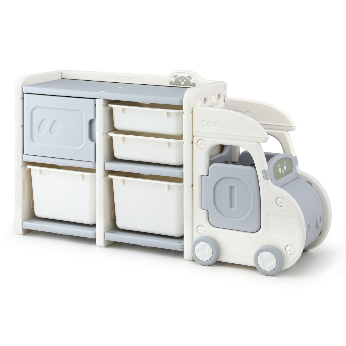 White and blue car shaped kids toy storage organiser - view 1