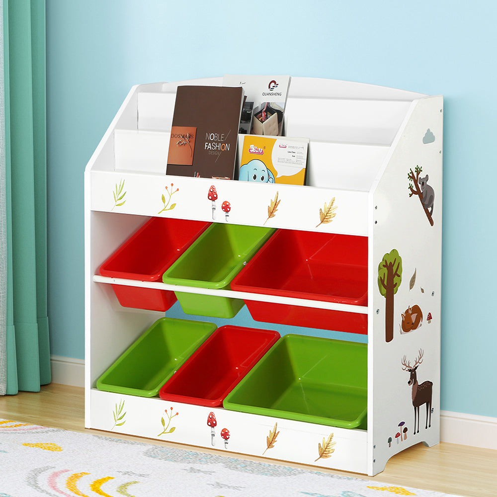 Kids Bookshelf with 6 Storage Bins, 3 Tier Multicolour
