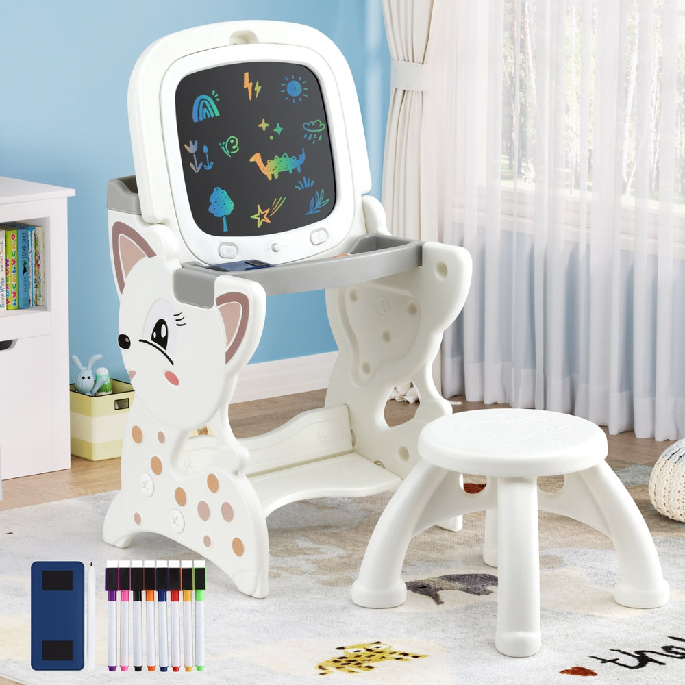 Kids two in one easel desk and stool set with LCD writing tablet