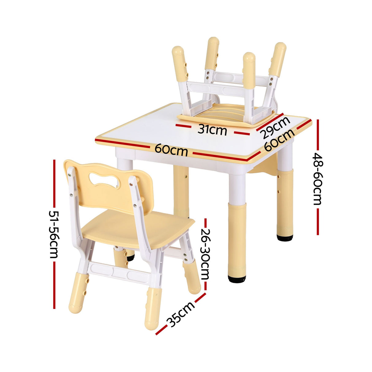 Children's adjustable table and chairs with draw-on top