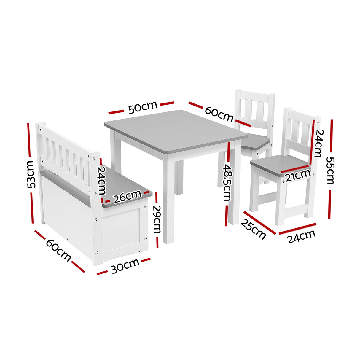 Kids Activity Table, Storage Bench and 2 Chairs Set, Grey