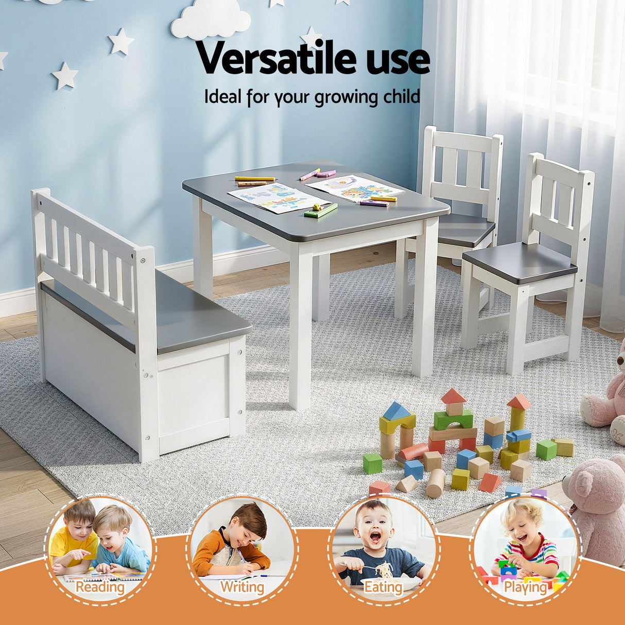 Kids Activity Table, Storage Bench and 2 Chairs Set, Grey