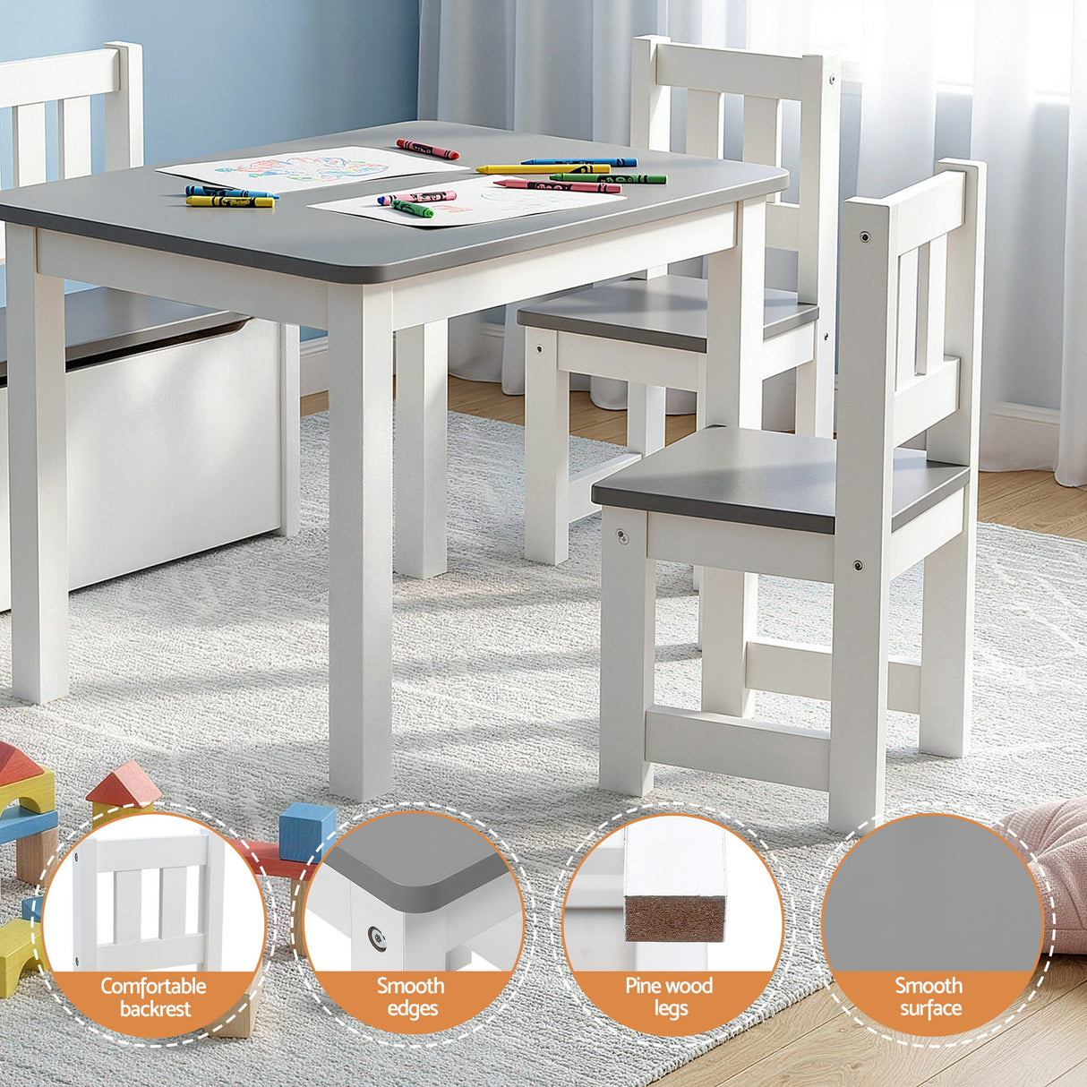 Kids Activity Table, Storage Bench and 2 Chairs Set, Grey