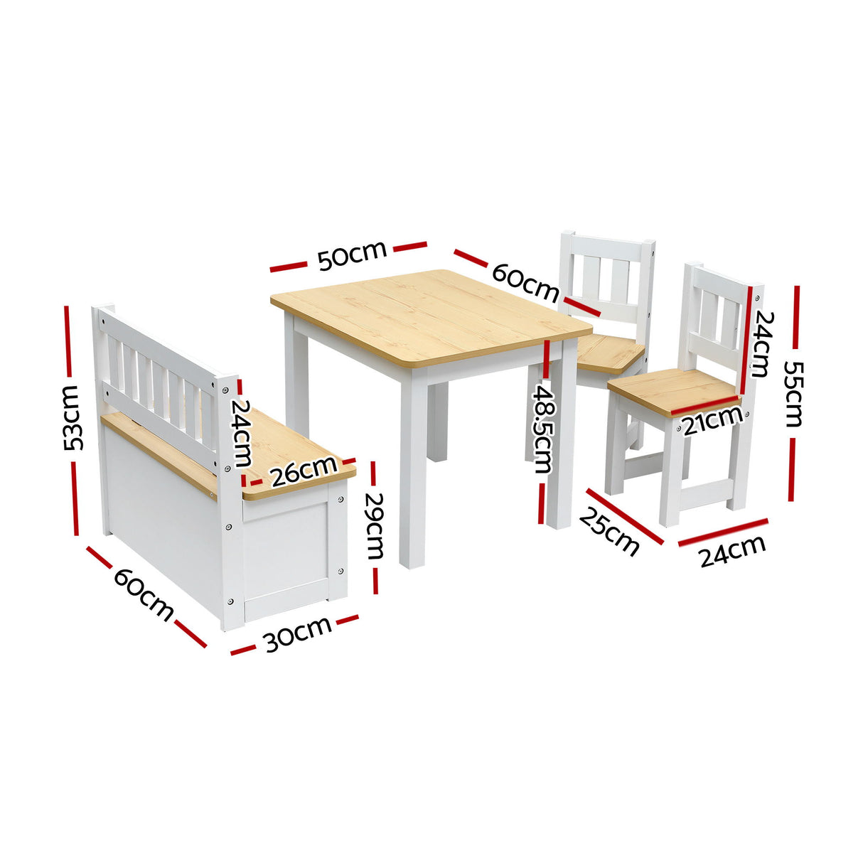 Kids Activity Table, Storage Bench and 2 Chairs Set, Natural