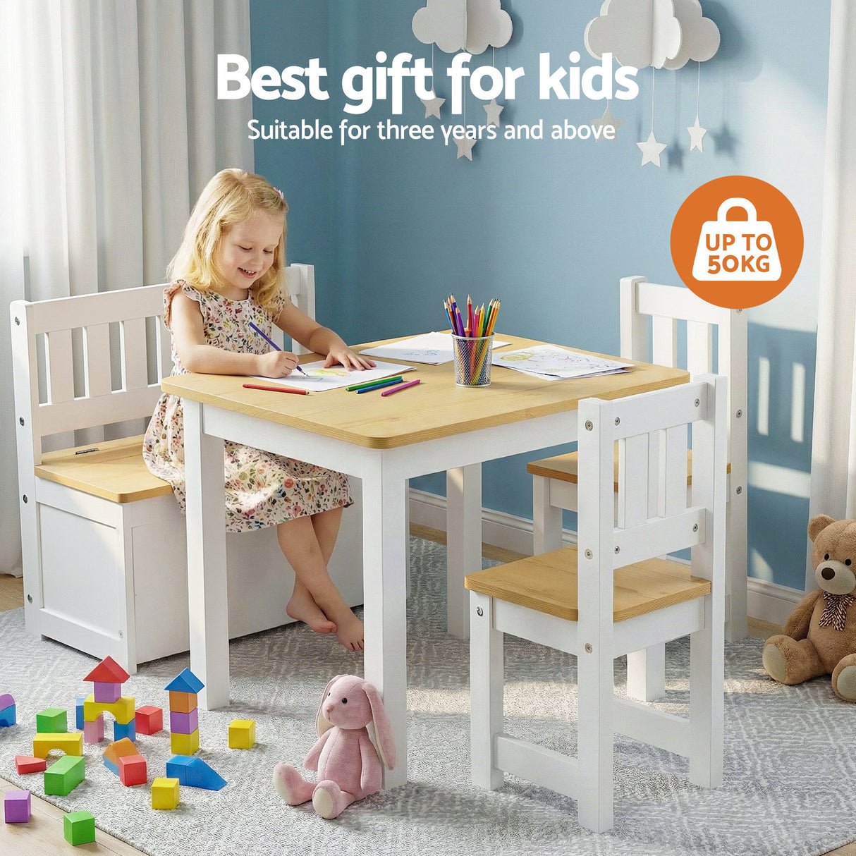 Kids Activity Table, Storage Bench and 2 Chairs Set, Natural