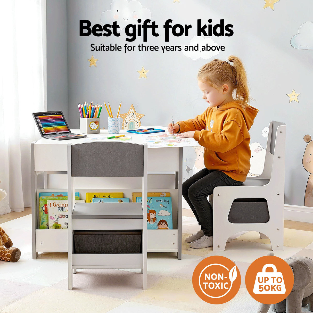 Kids Activity Table and 2 Chairs Set with Blackboard and Storage, Grey