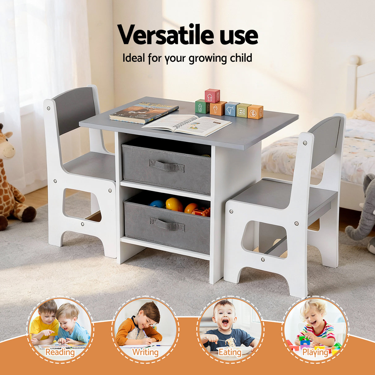 Kids table and two chairs set with storage drawers in white and grey