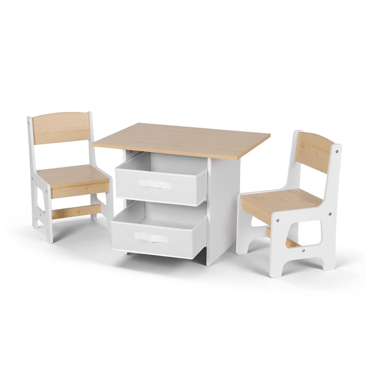 Kids table and two chairs set with storage drawers in white and natural
