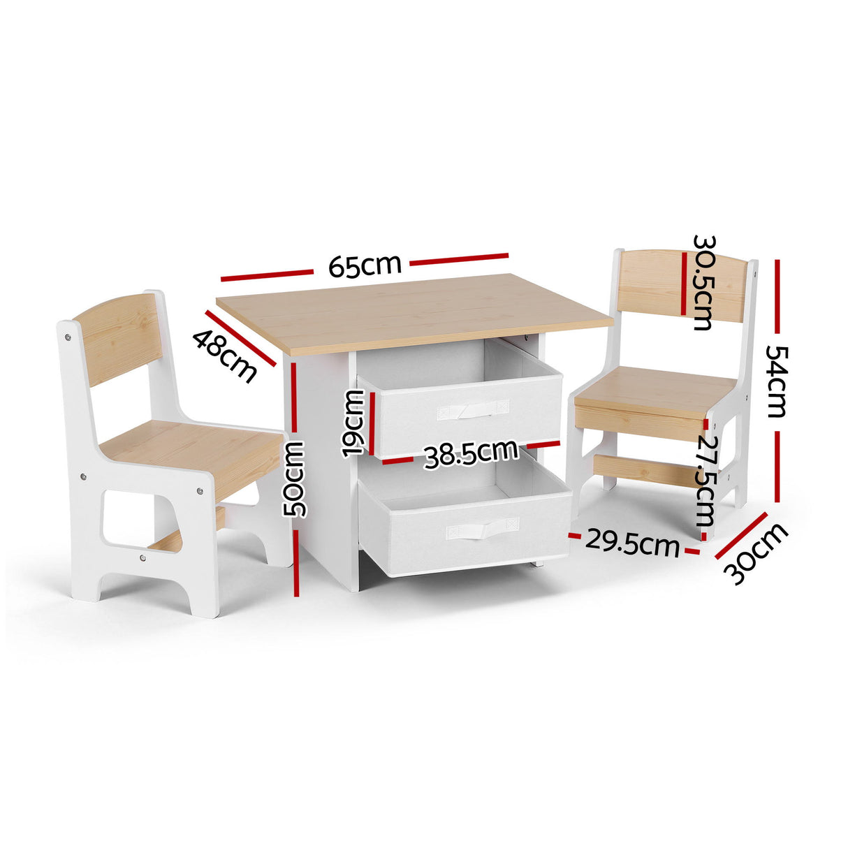 Kids table and two chairs set with storage drawers in white and natural