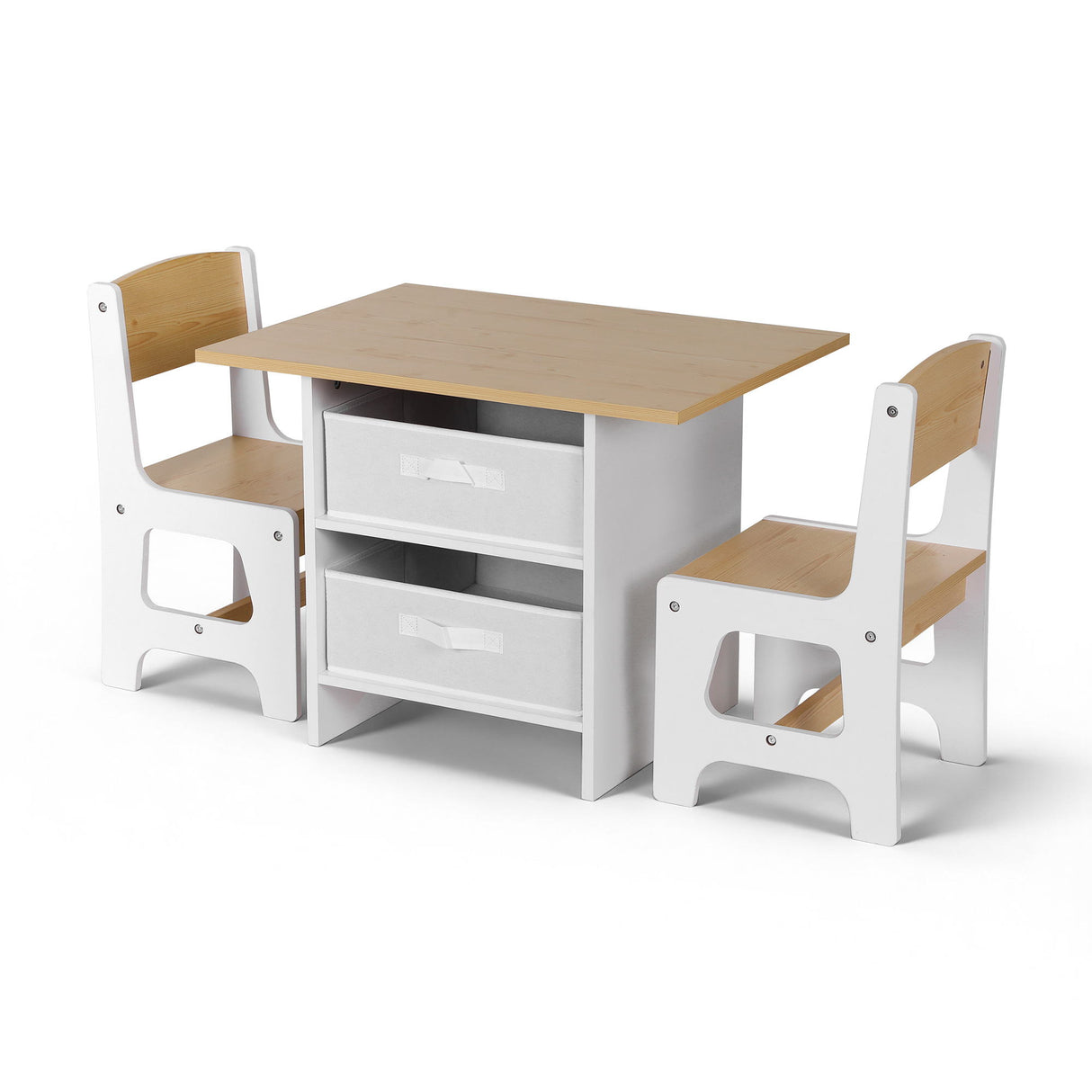 Kids table and two chairs set with storage drawers in white and natural