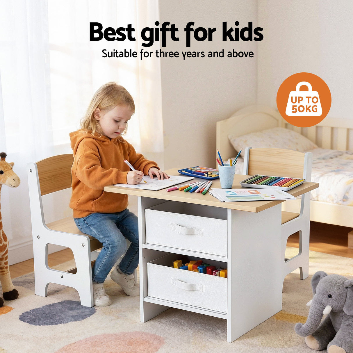 Kids table and two chairs set with storage drawers in white and natural