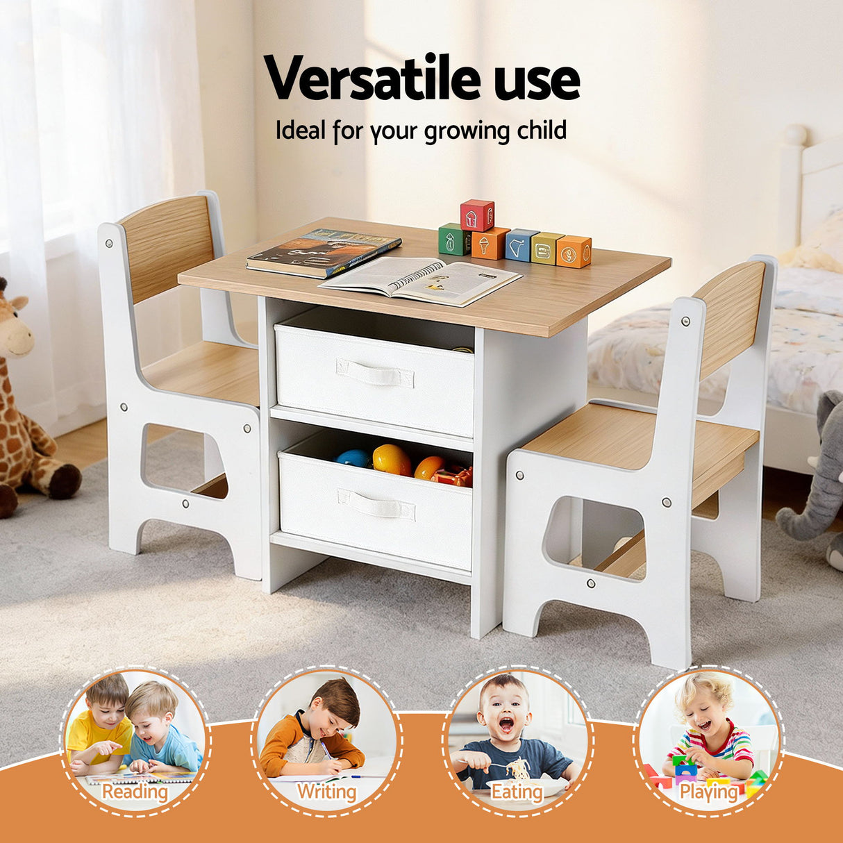 Kids table and two chairs set with storage drawers in white and natural