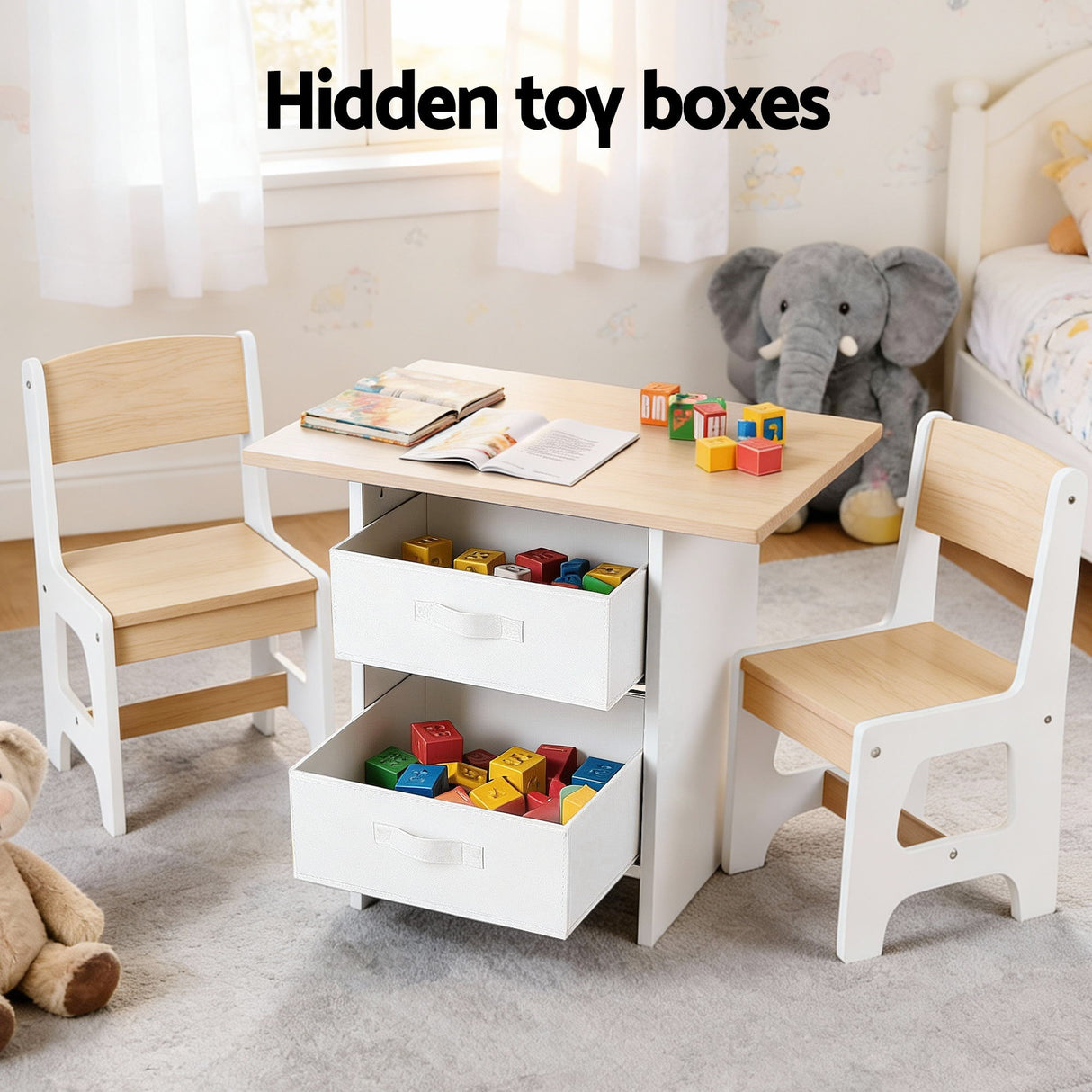 Kids table and two chairs set with storage drawers in white and natural