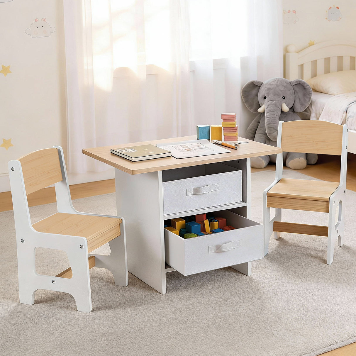Kids table and two chairs set with storage drawers in white and natural