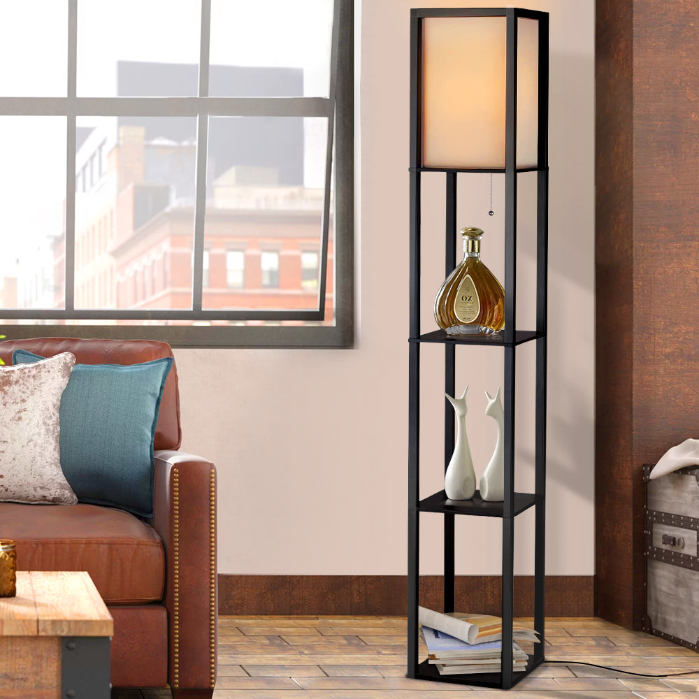 Black three tier shelf floor lamp with storage