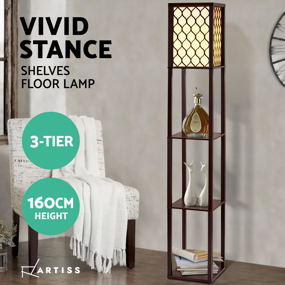 Brown three tier shelf floor lamp with storage