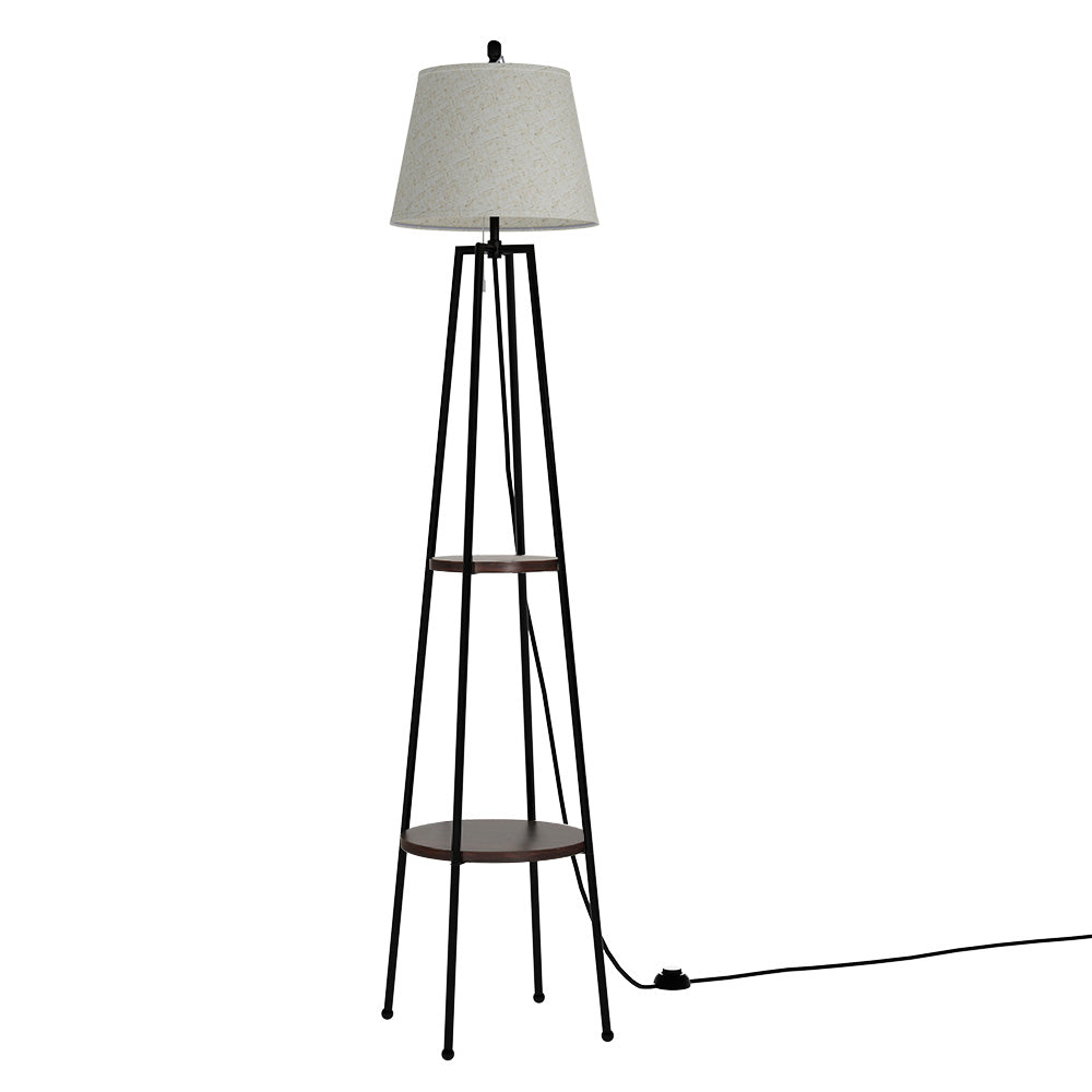 Black floor lamp with storage shelves and linen shade
