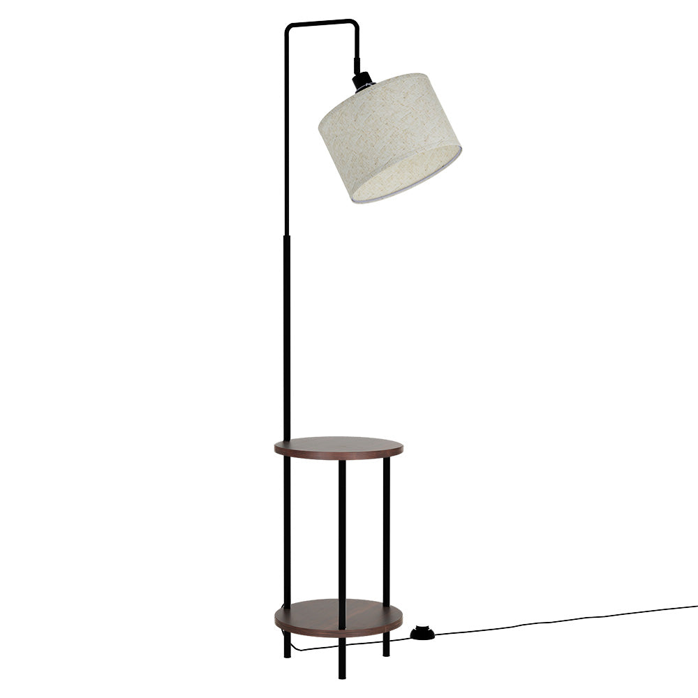 Black and walnut floor lamp with storage shelves and adjustable head