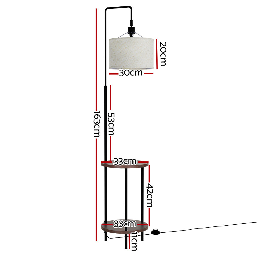 Black and walnut floor lamp with storage shelves and adjustable head