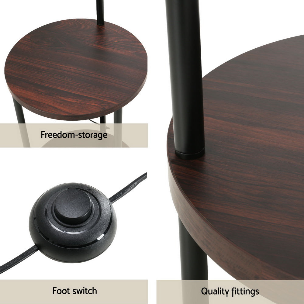 Black and walnut floor lamp with storage shelves and adjustable head