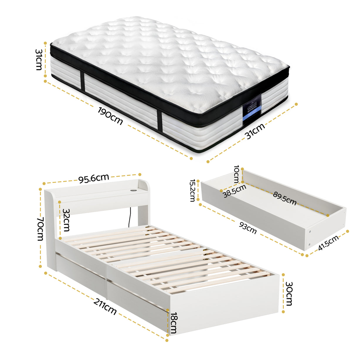 Euro top pocket spring mattress and wooden storage bed frame set, single