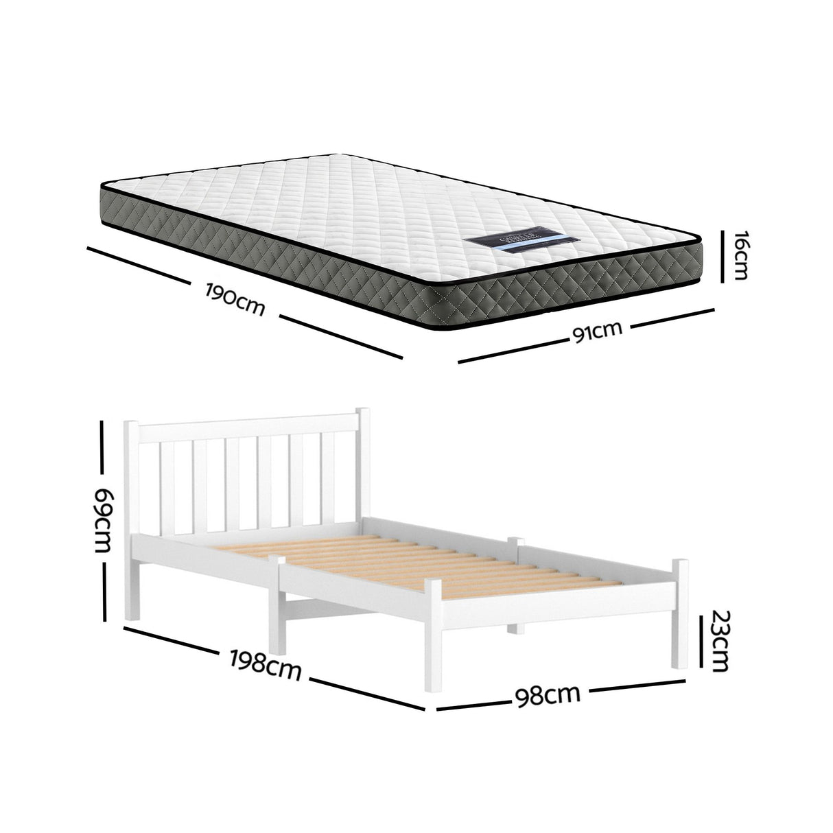 Single Bed Frame and Mattress Set, Solid Pine White 16cm
