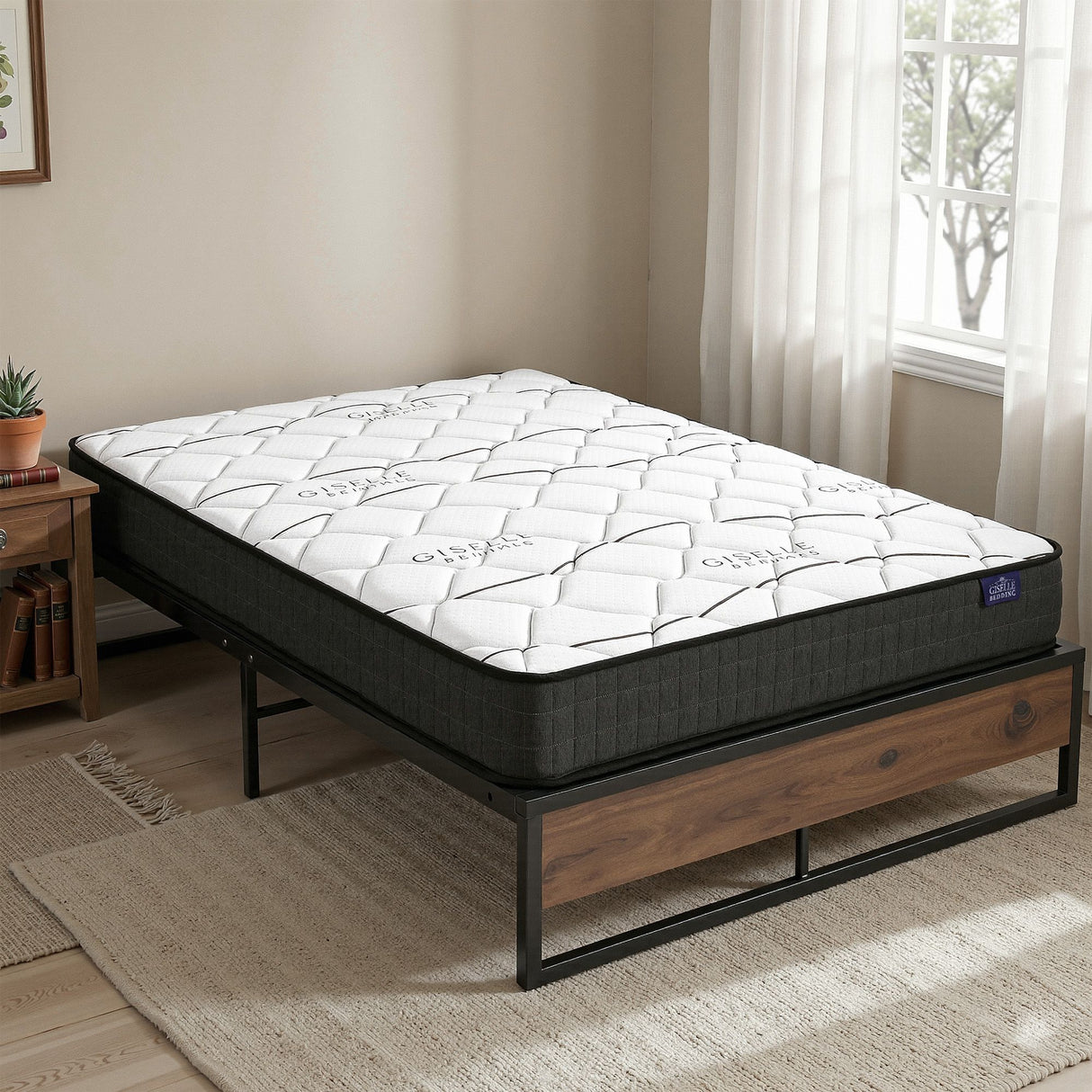 Metal Bed Frame and Medium Firm Bonnell Spring Mattress Set, 16cm Double