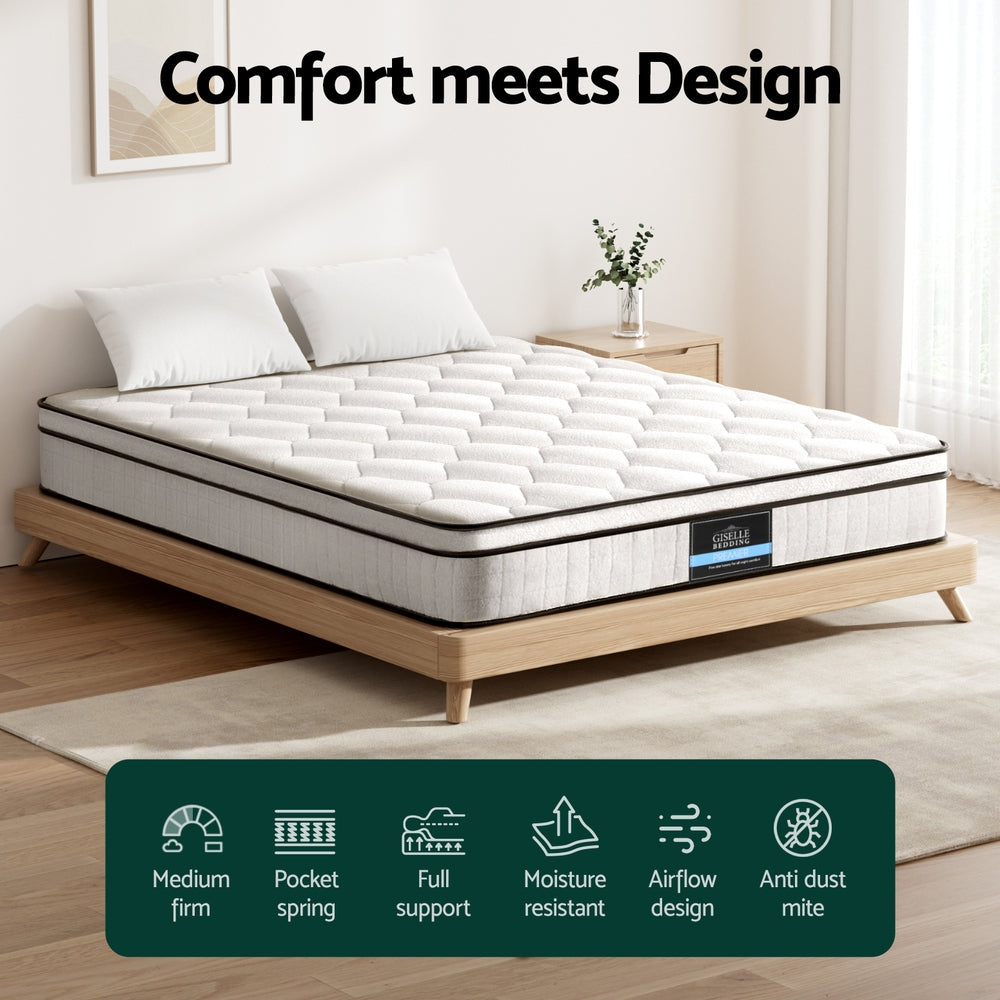 Giselle 22cm Euro Top Pocket Spring Mattress — 6-Turn Enhanced Coils, Medium Firm — Allure Home Collections