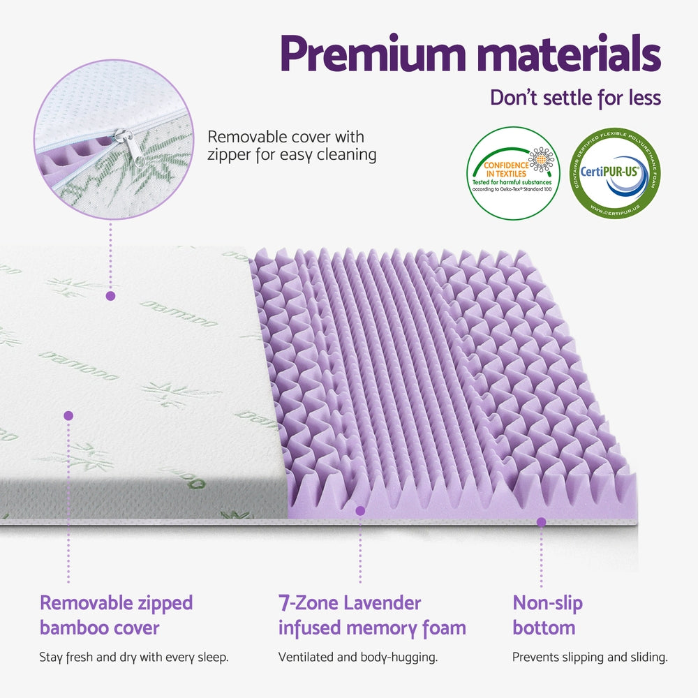 Giselle 8cm Lavender-Infused 7-Zone Memory Foam Topper — King Single, Bamboo Cover — Allure Home Collections