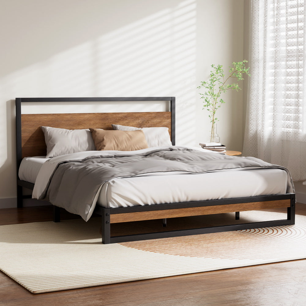 Artiss DANE queen metal bed frame in black steel and MDF dark wood — full view — Allure Home Collections