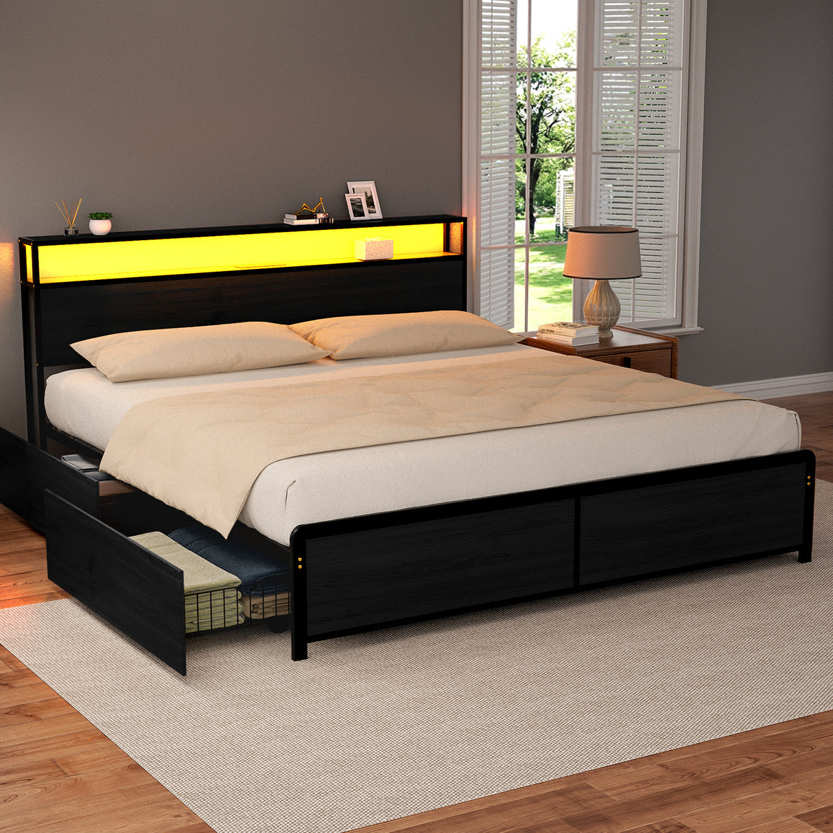Saluzzo Black King bed frame in a modern bedroom