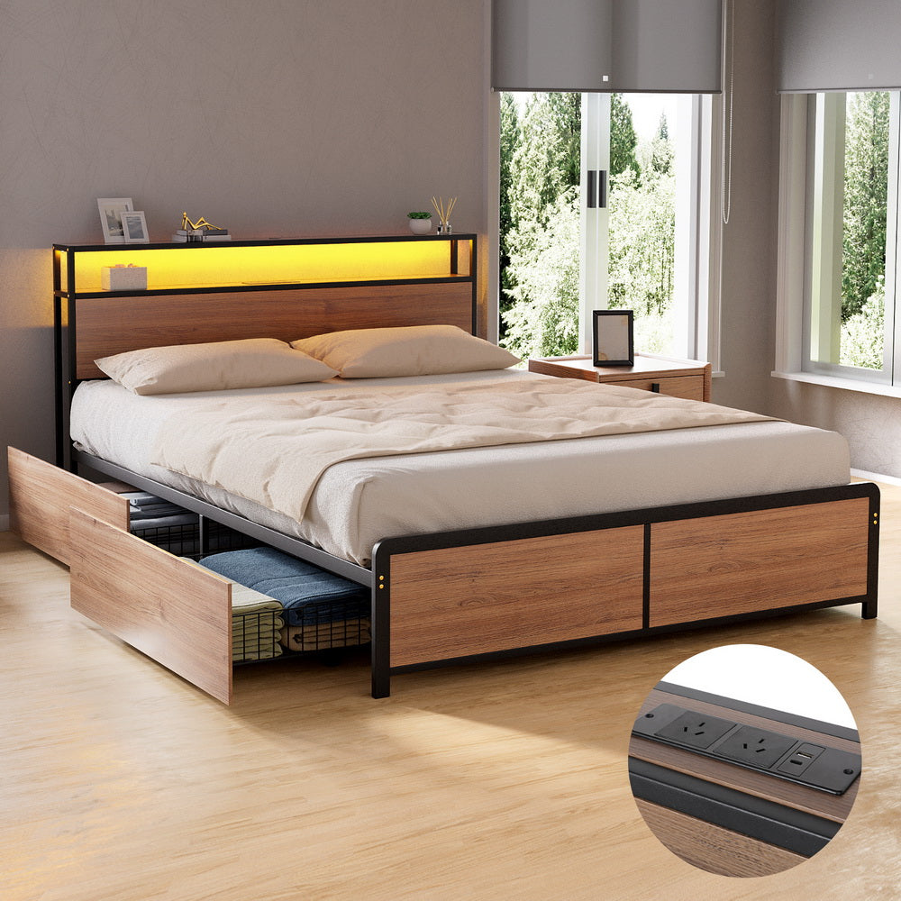 Saluzzo Vintage Brown Queen bed frame in a modern bedroom