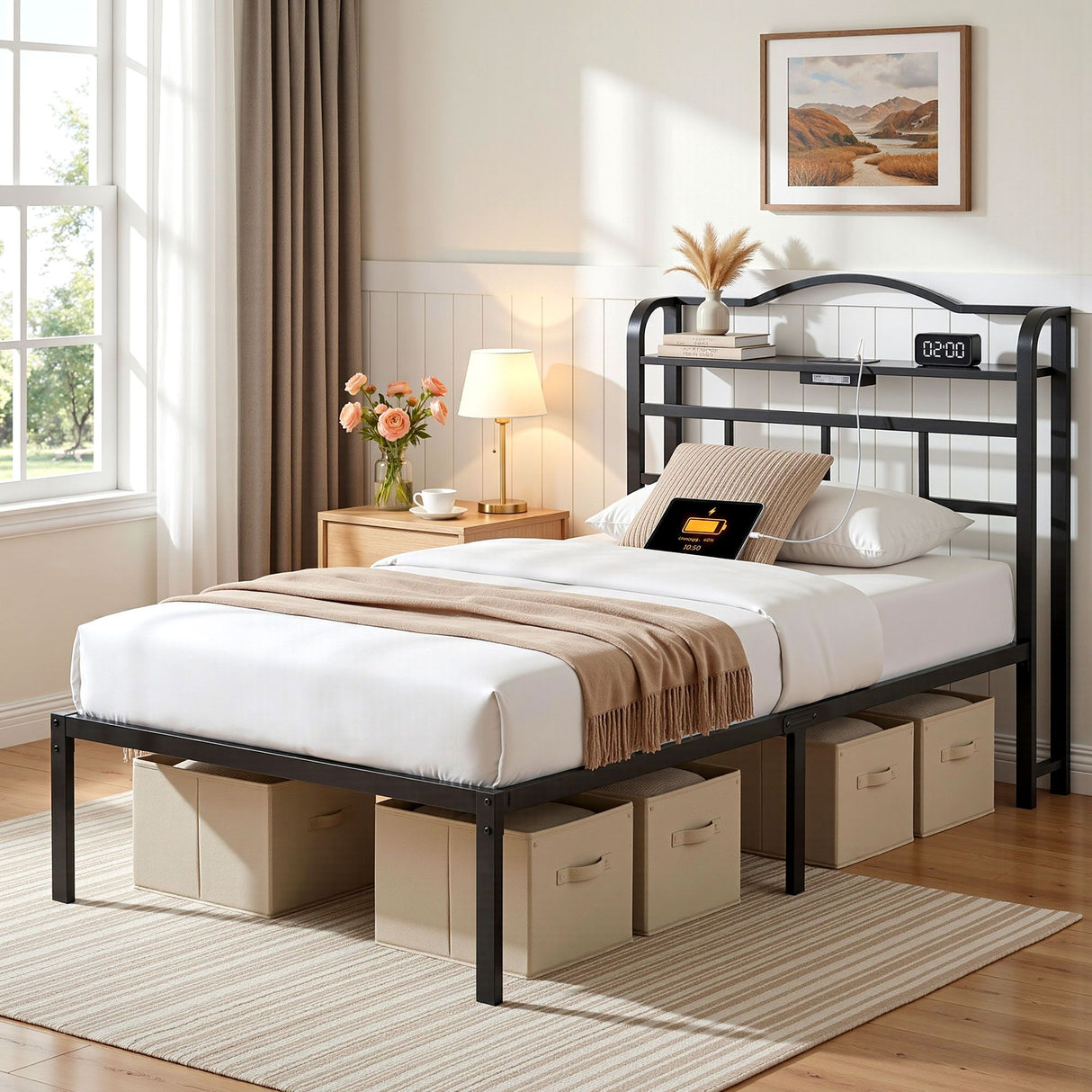 Portofino Black Single bed frame in a modern bedroom