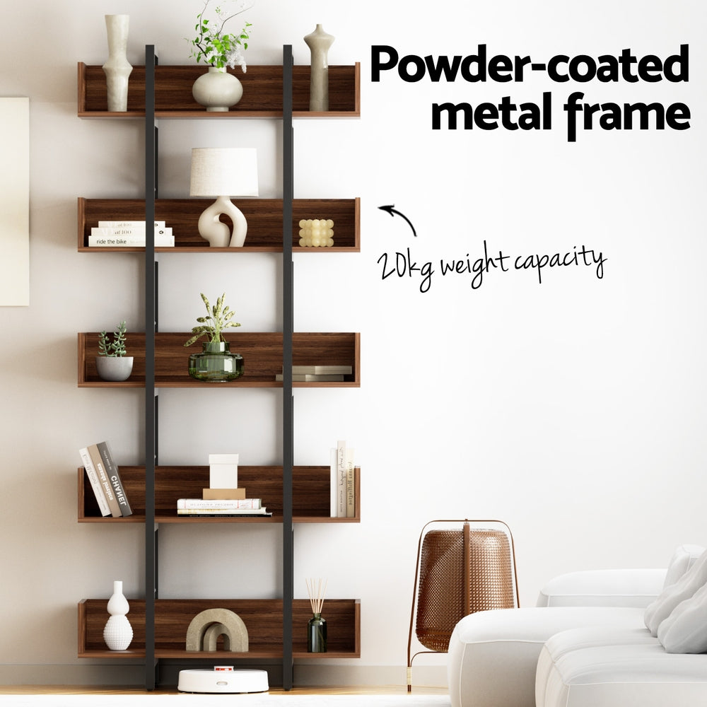 Artiss 5-Tier Walnut Bookshelf with Metal Frame
