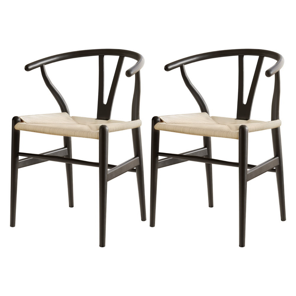 Artiss Wishbone Dining Chairs — Set of 2, Natural or Black Rubberwood with Kraft Paper Seat — Allure Home Collections