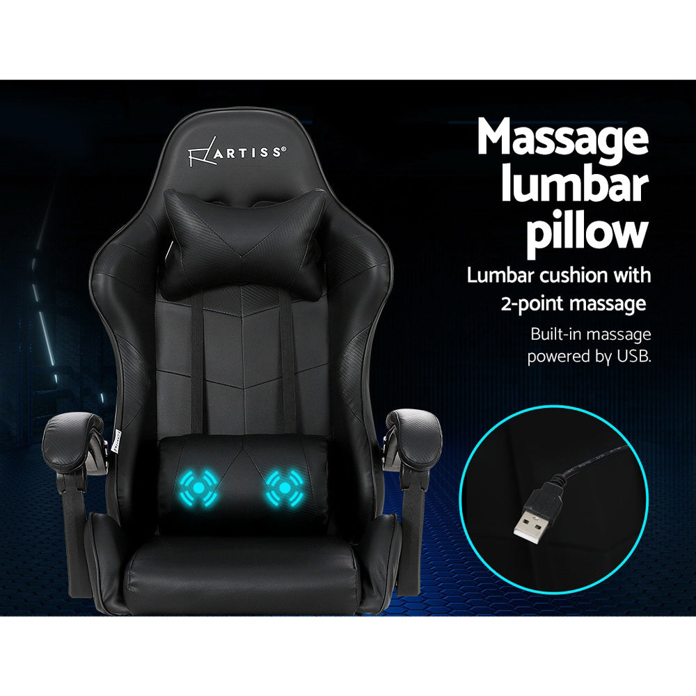Artiss 2-Zone Massage Gaming Office Chair with Footrest — Black PVC Leather — Allure Home Collections