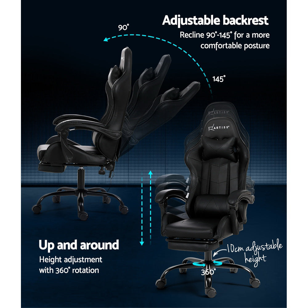 Artiss 2-Zone Massage Gaming Office Chair with Footrest — Black PVC Leather — Allure Home Collections
