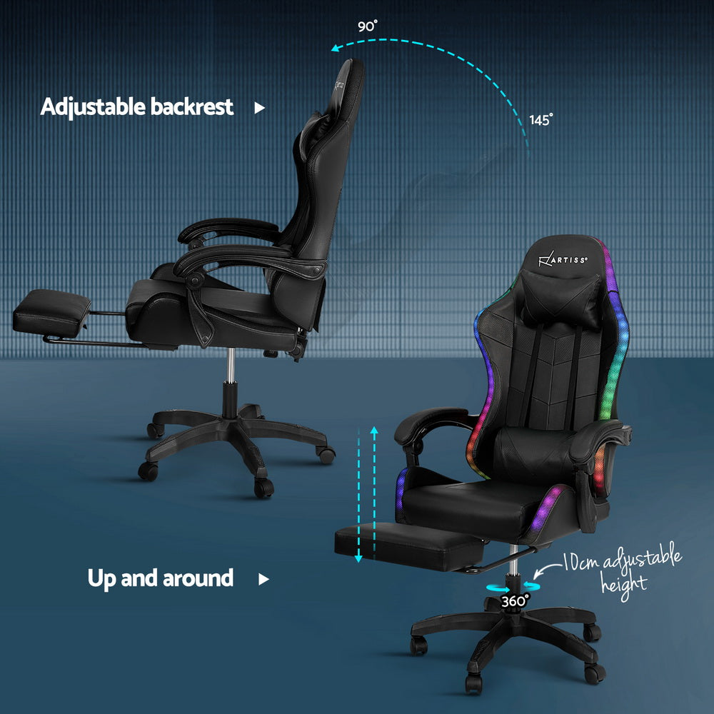 Artiss 6-Point Massage Gaming Office Chair — 7 LED Colours, Footrest, Black PVC — Allure Home Collections