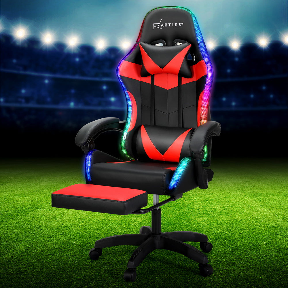 Artiss 6-Point Massage Gaming Office Chair — 7 LED Colours, Footrest, Black PVC — Allure Home Collections