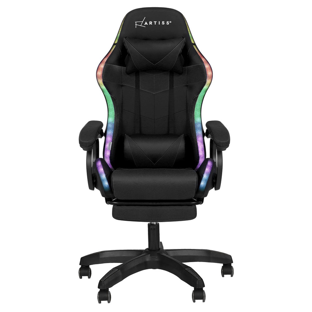Albany black LED gaming chair with footrest in a gaming setup