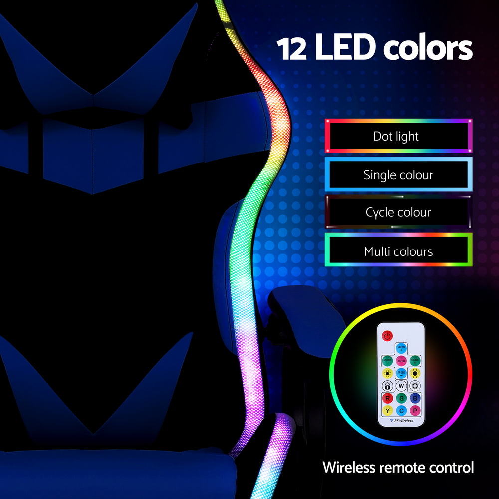 Albany blue LED gaming chair with footrest in a gaming setup