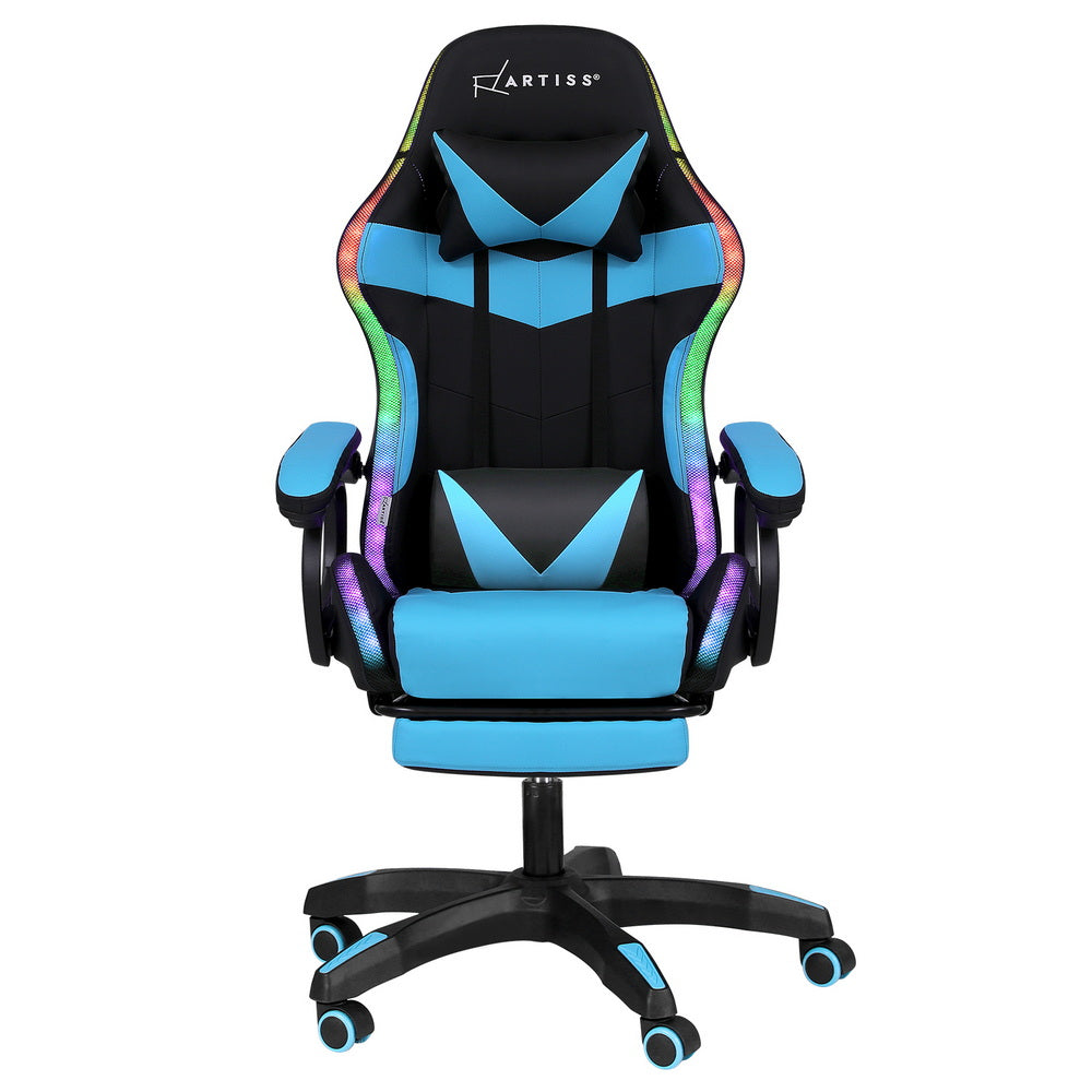 Albany cyan LED gaming chair with footrest in a gaming setup