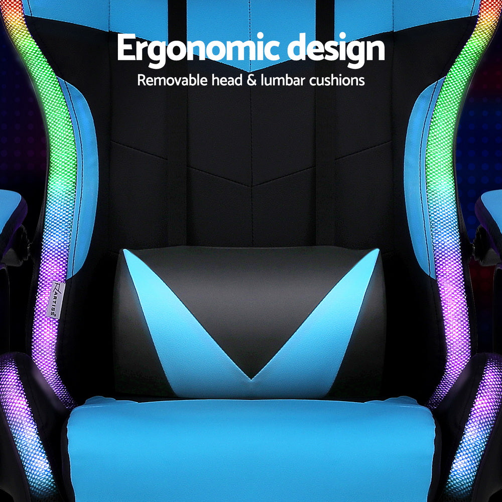 Albany cyan LED gaming chair with footrest in a gaming setup