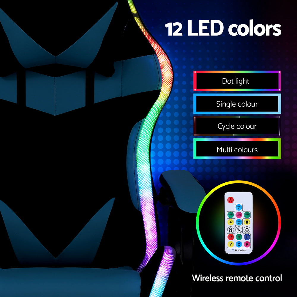 Albany cyan LED gaming chair with footrest in a gaming setup